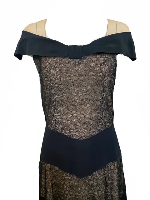 40s Black as Night Noirish Faille and Lace Evening Gown