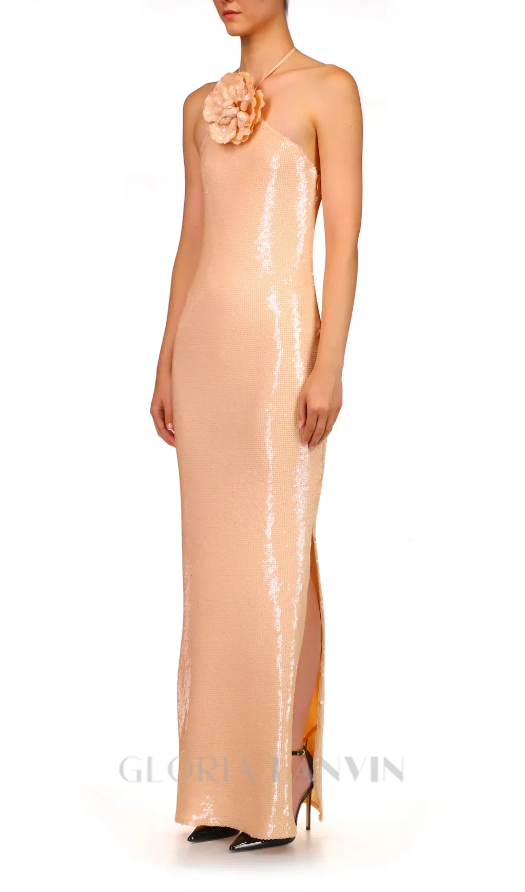 ADELAIDE ROSETTE HALTER SEQUINED GOWN IN CHAMPAGNE Gloria Lanvin