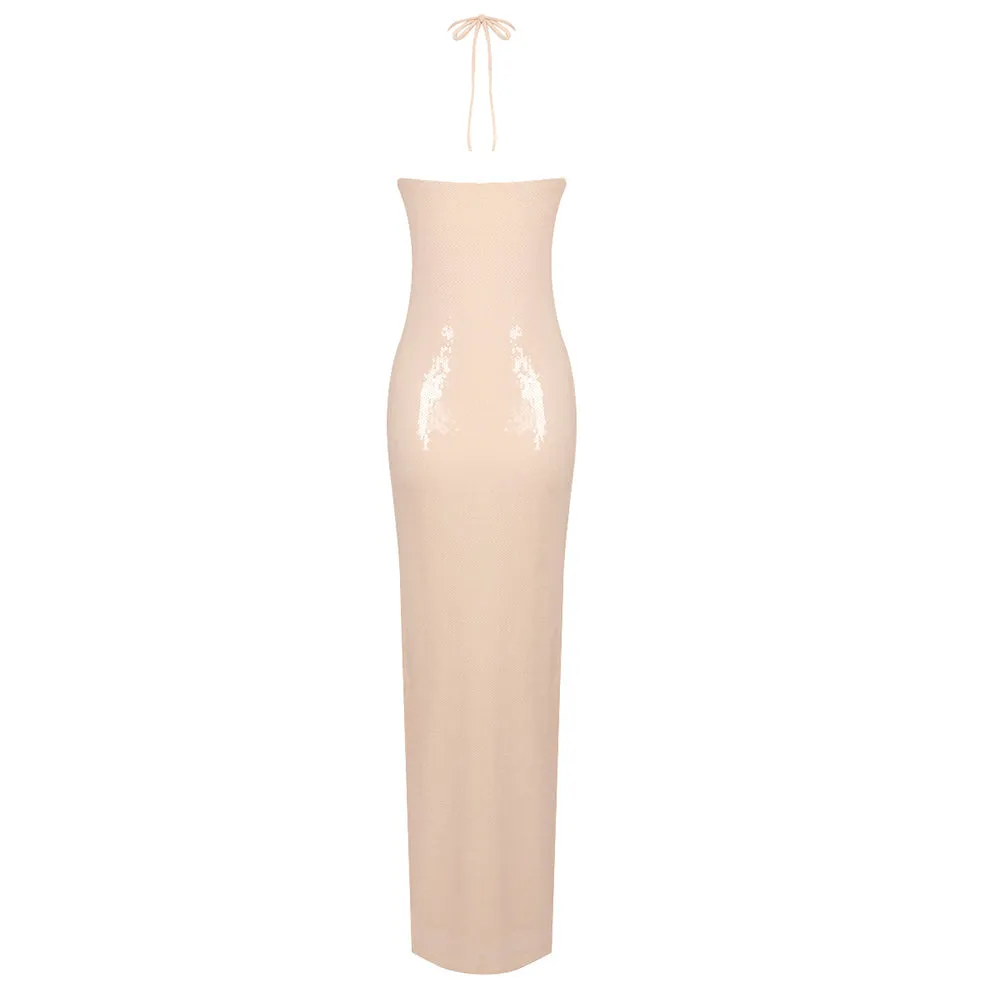 ADELAIDE ROSETTE HALTER SEQUINED GOWN IN CHAMPAGNE Gloria Lanvin