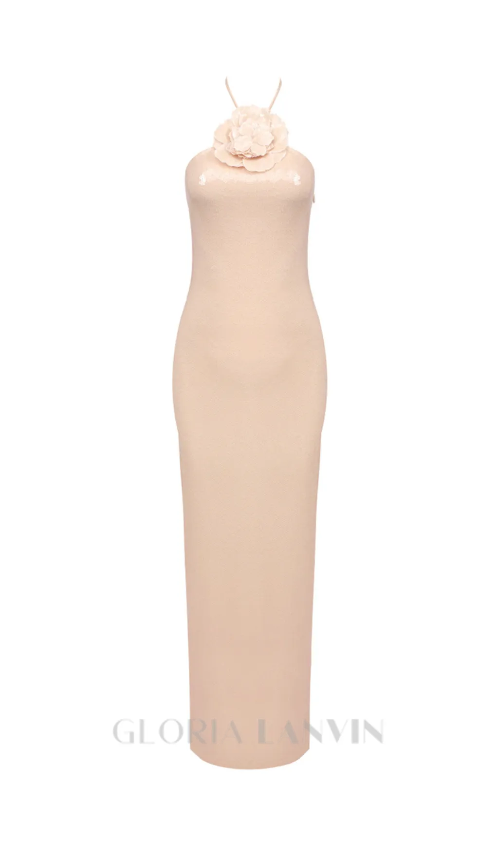 ADELAIDE ROSETTE HALTER SEQUINED GOWN IN CHAMPAGNE Gloria Lanvin