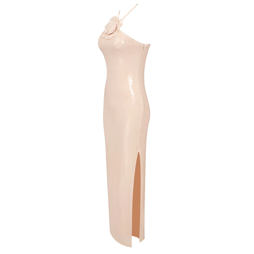 ADELAIDE ROSETTE HALTER SEQUINED GOWN IN CHAMPAGNE Gloria Lanvin