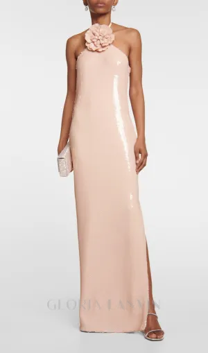 ADELAIDE ROSETTE HALTER SEQUINED GOWN IN CHAMPAGNE Gloria Lanvin