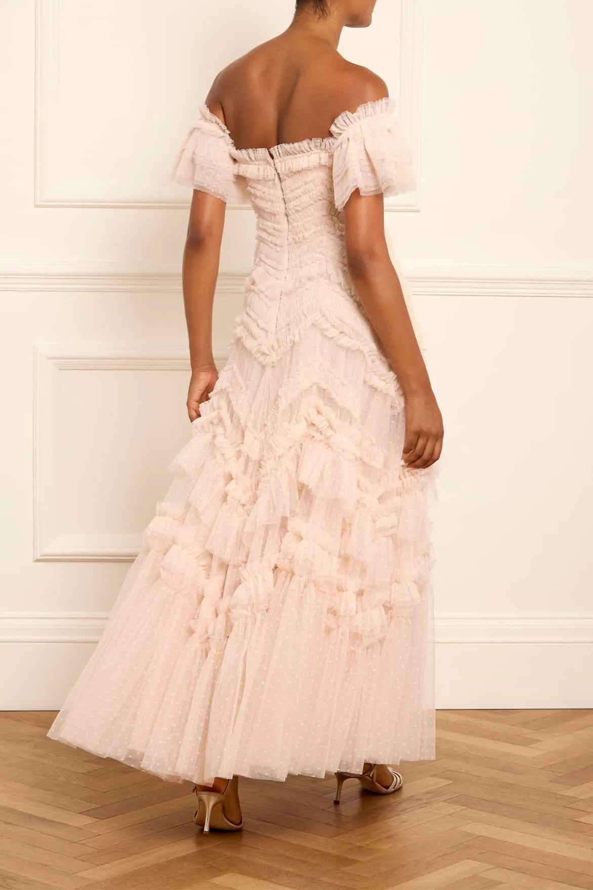 Affordable Luxury Elia Off-Shoulder Gown NEEDLE THREAD  Going Fast!