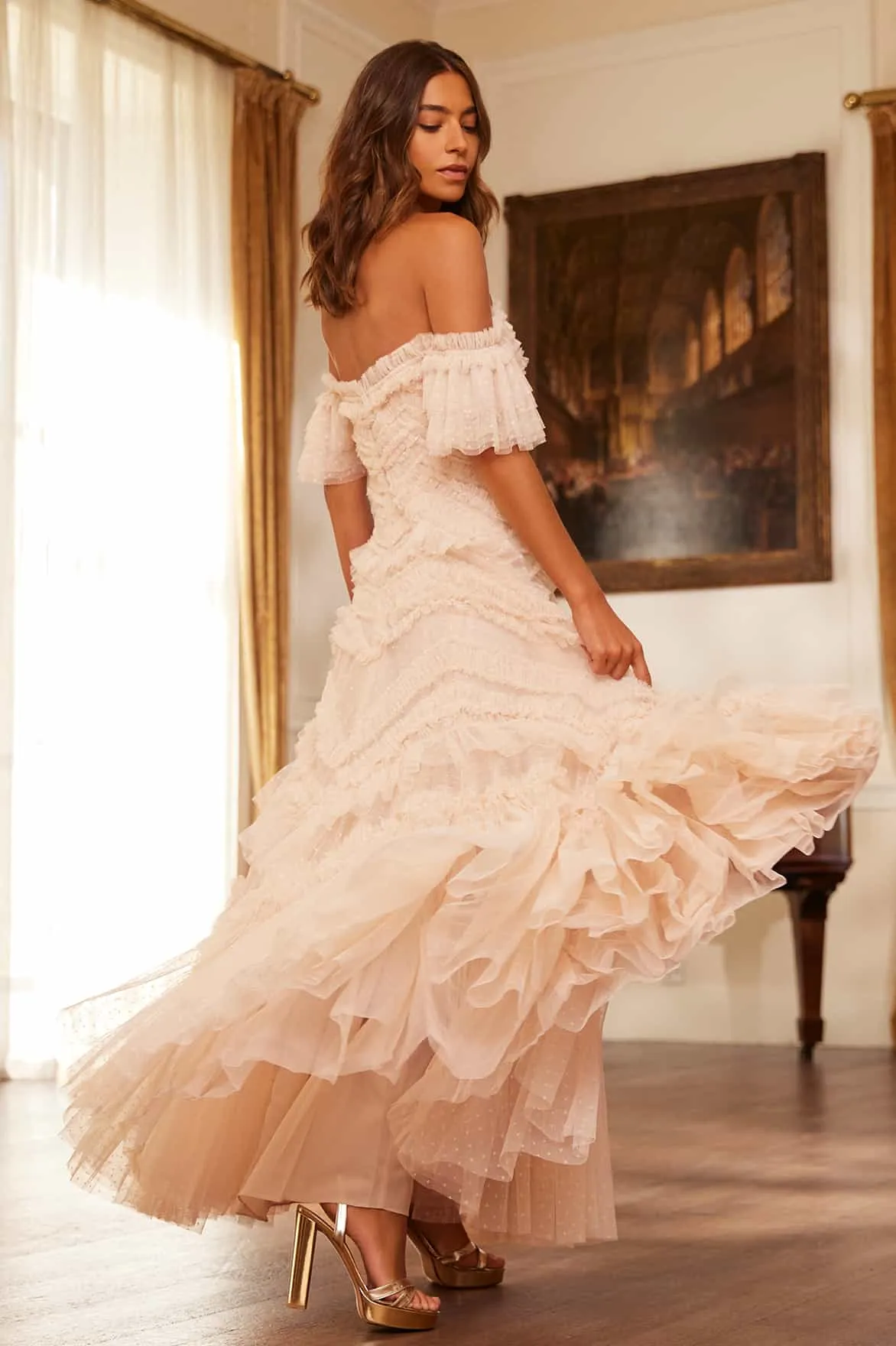 Affordable Luxury Elia Off-Shoulder Gown NEEDLE THREAD  Going Fast!