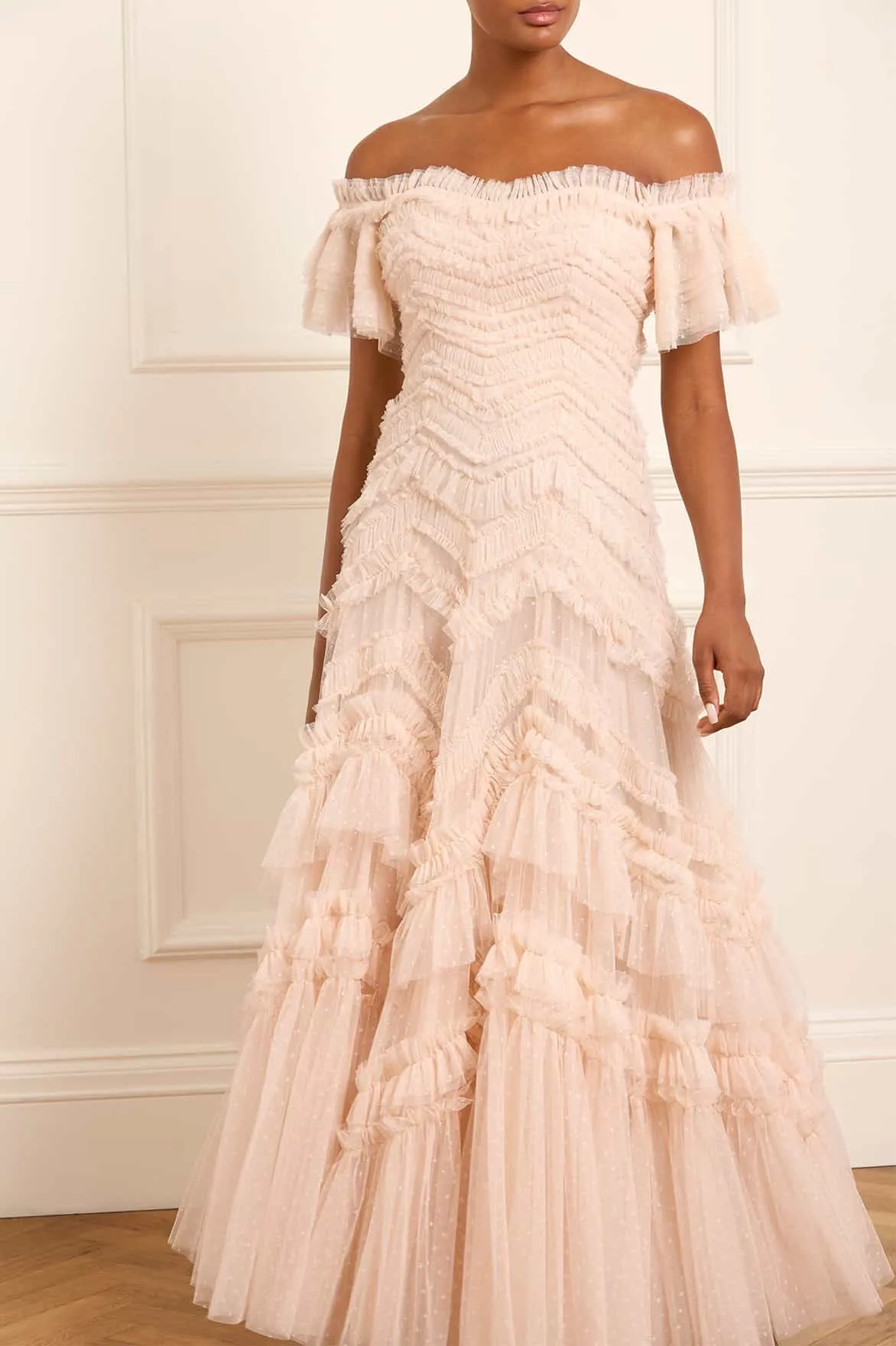 Affordable Luxury Elia Off-Shoulder Gown NEEDLE THREAD  Going Fast!