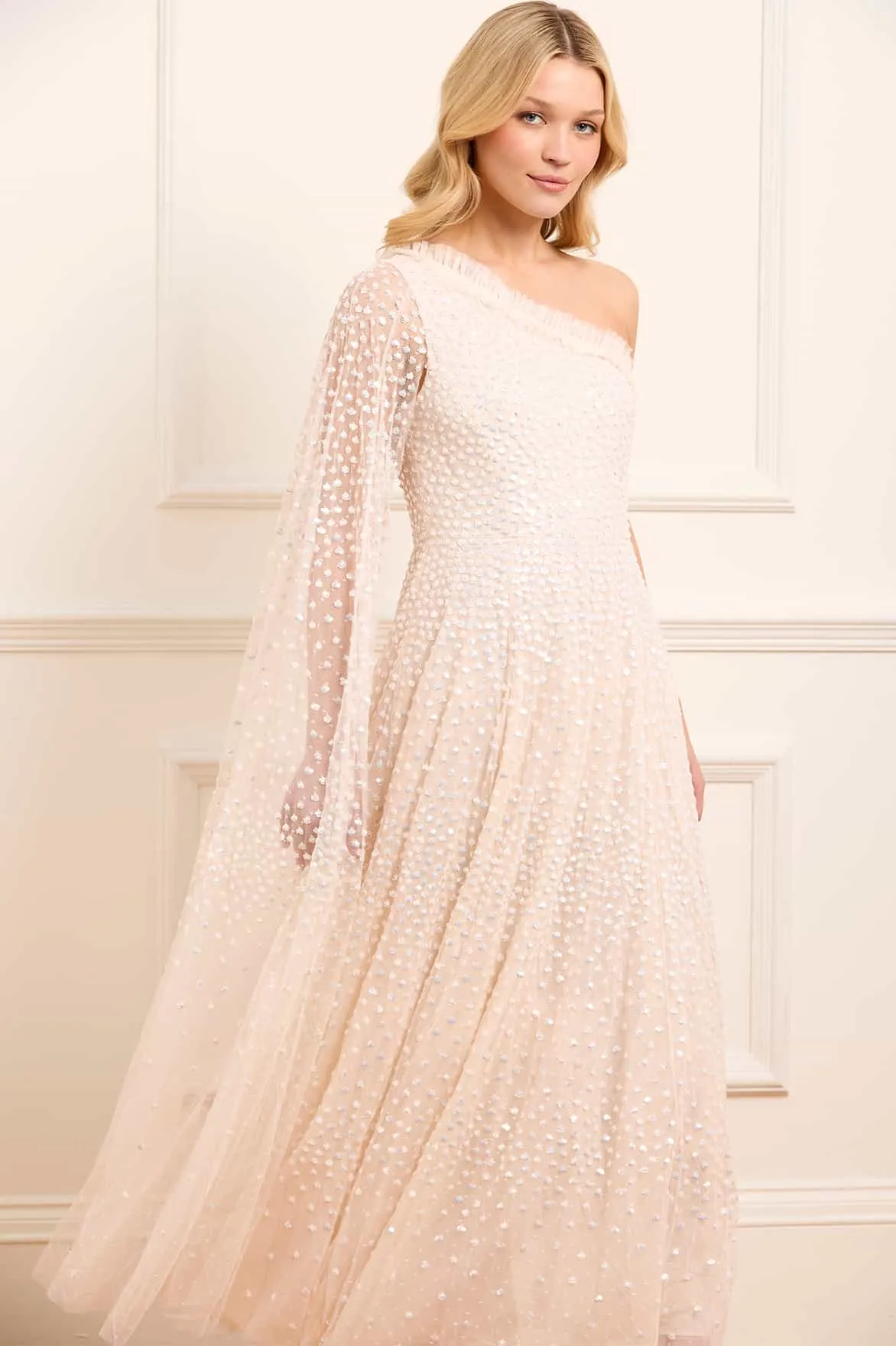 Affordable Luxury Scatter Dot One-Shoulder Ankle Gown NEEDLE THREAD  Going Fast!