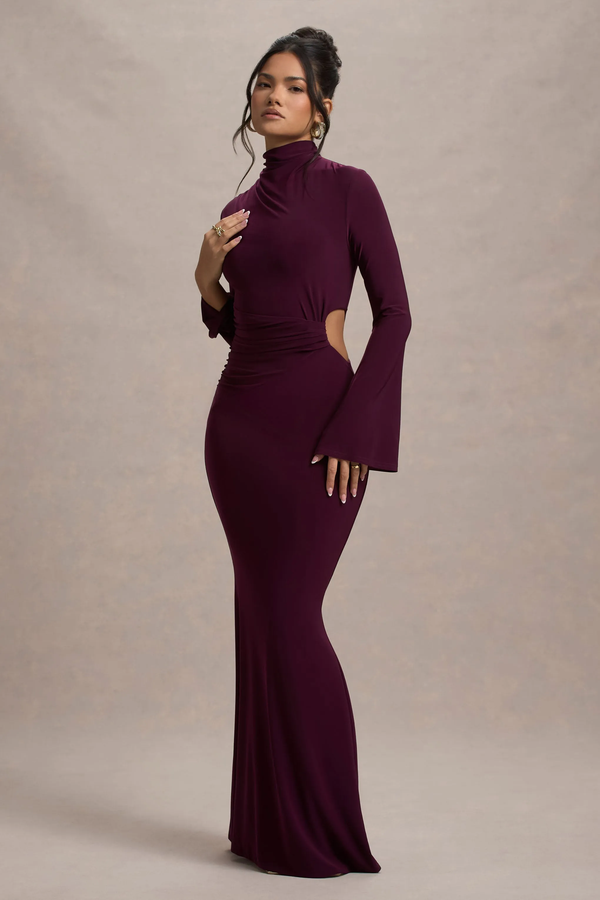 Anderson | Burgundy High-Neck Cut-Out Maxi Dress Club L London
