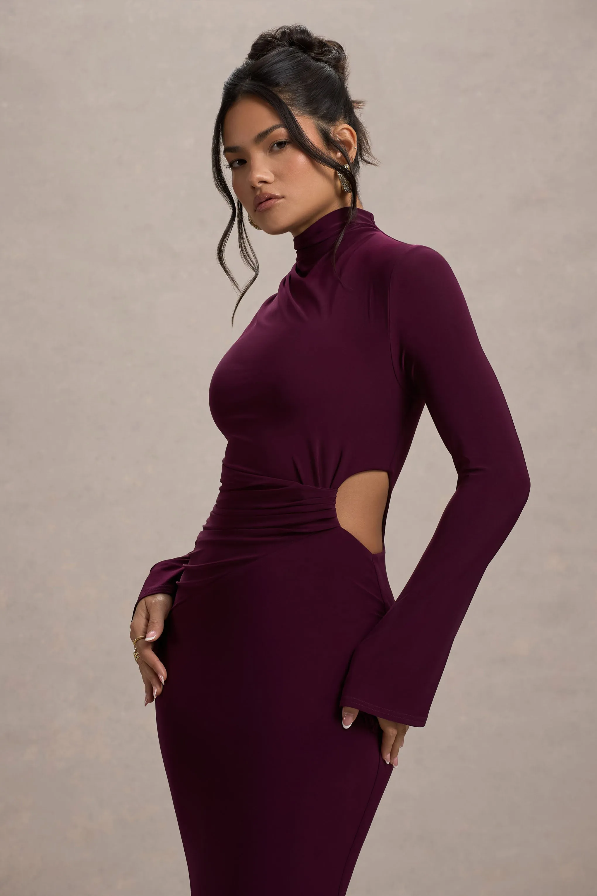 Anderson | Burgundy High-Neck Cut-Out Maxi Dress Club L London
