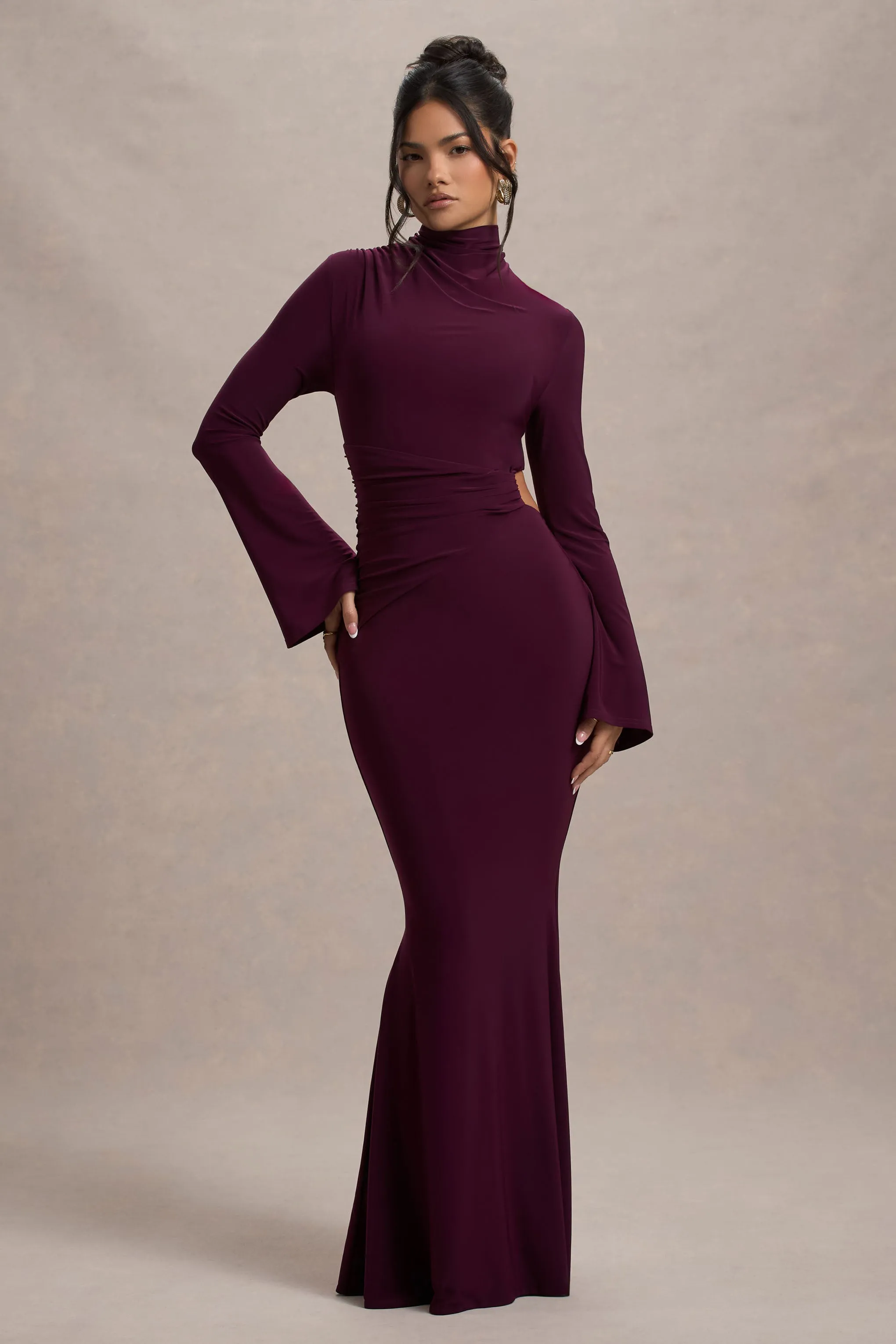 Anderson | Burgundy High-Neck Cut-Out Maxi Dress Club L London