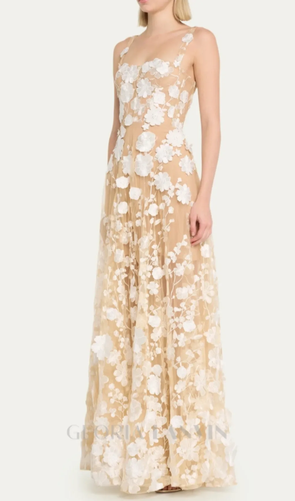 APPHIA FLORAL EMBROIDERED SLEEVELESS TULLE MAXI DRESS Gloria Lanvin