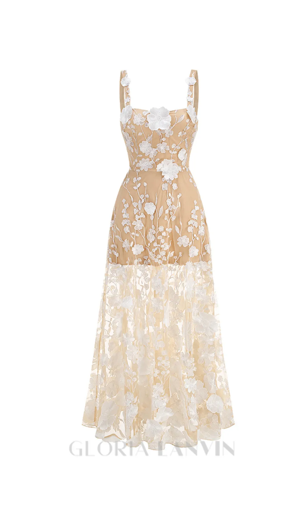 APPHIA FLORAL EMBROIDERED SLEEVELESS TULLE MAXI DRESS Gloria Lanvin