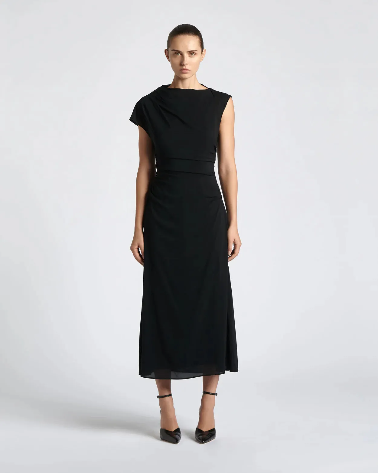 Asymmetric Draped Midi Dress