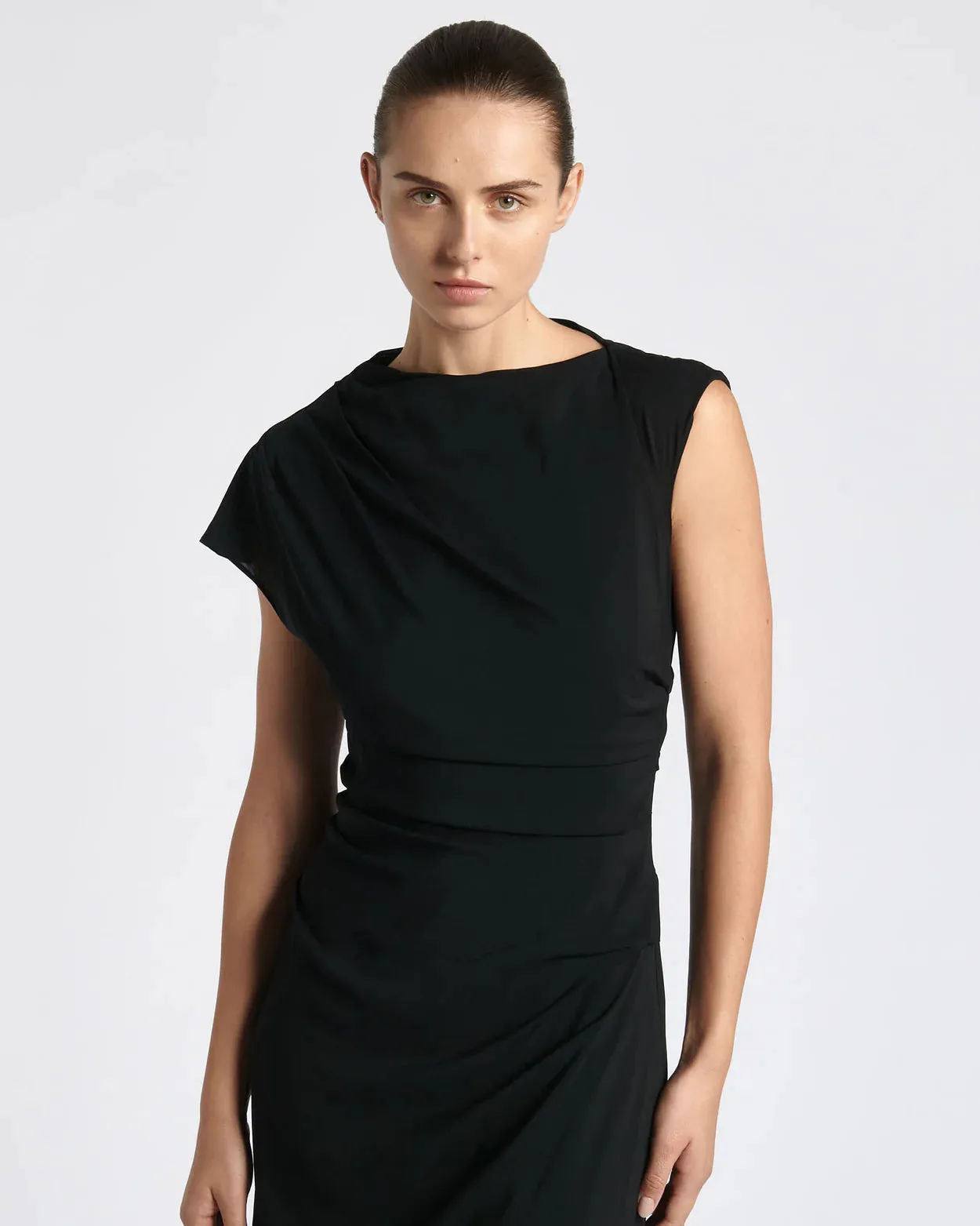 Asymmetric Draped Midi Dress