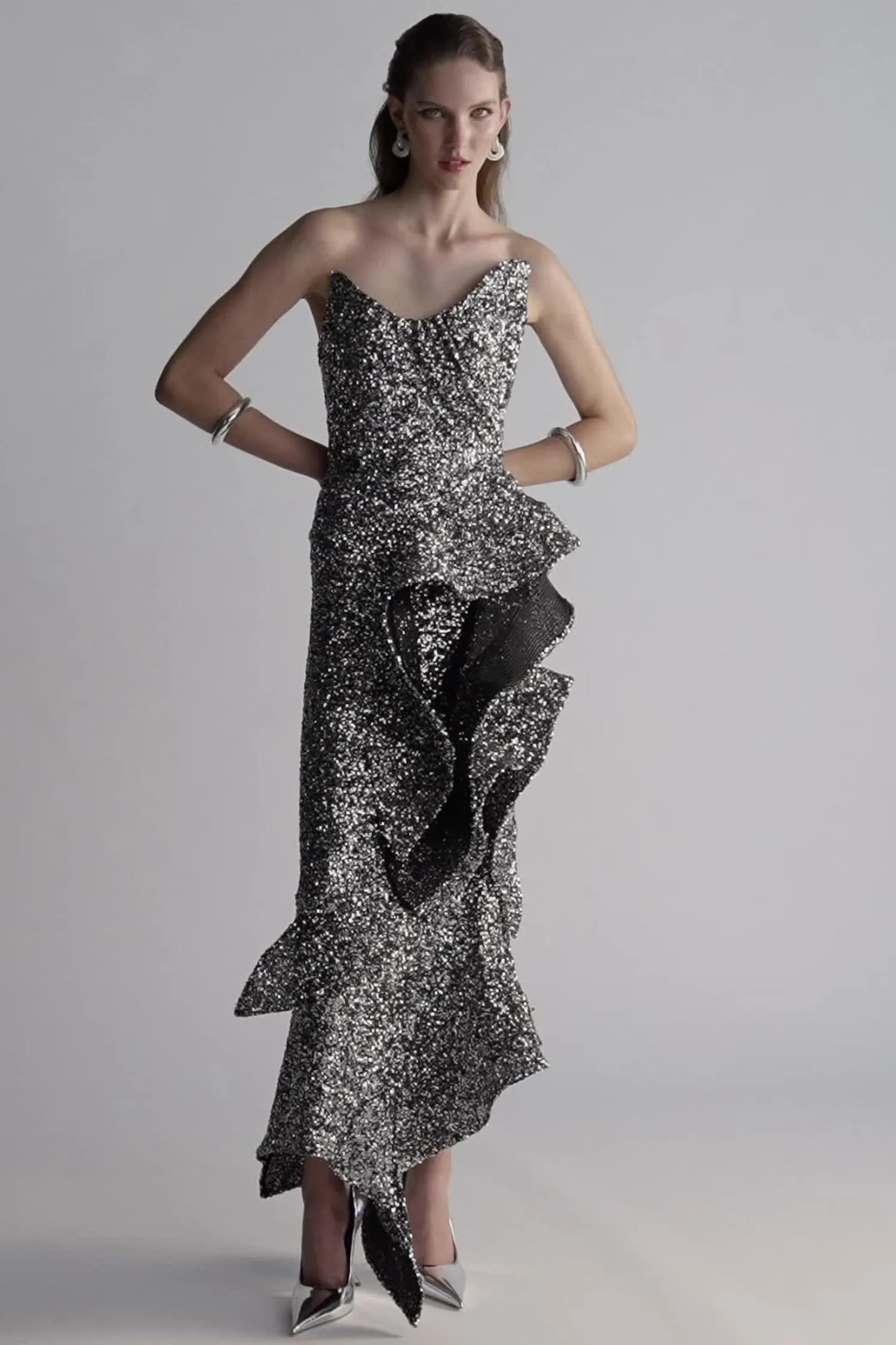 asymmetric ruffled sequined crepe gown in silver Gloria Lanvin