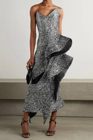 asymmetric ruffled sequined crepe gown in silver Gloria Lanvin
