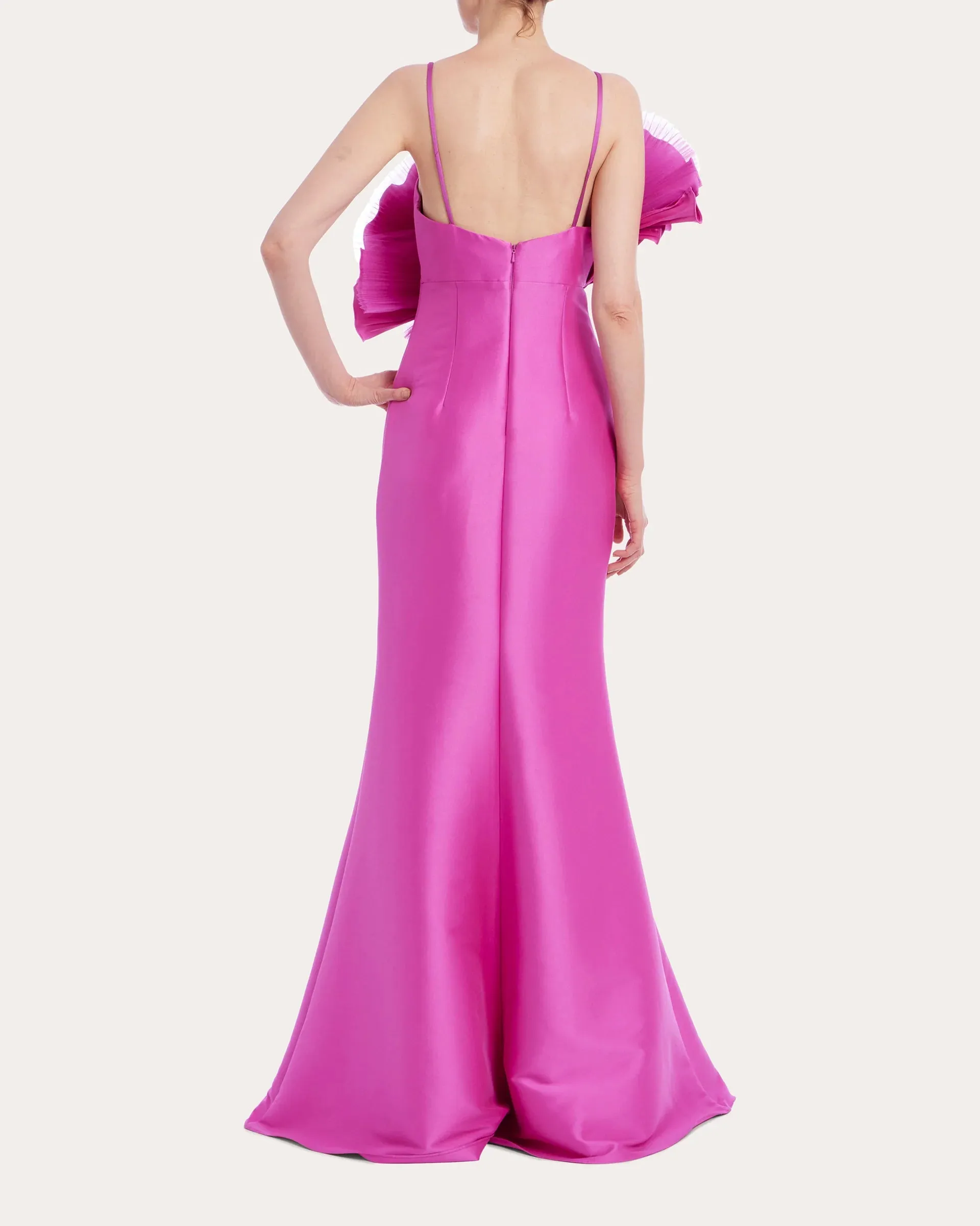 Badgley Mischka Pleated Ruffle Fan Flared Mikado Gown EG4416