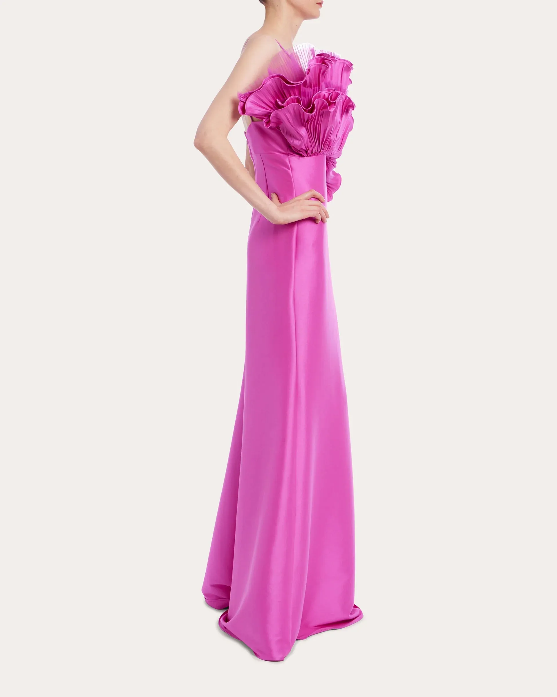 Badgley Mischka Pleated Ruffle Fan Flared Mikado Gown EG4416