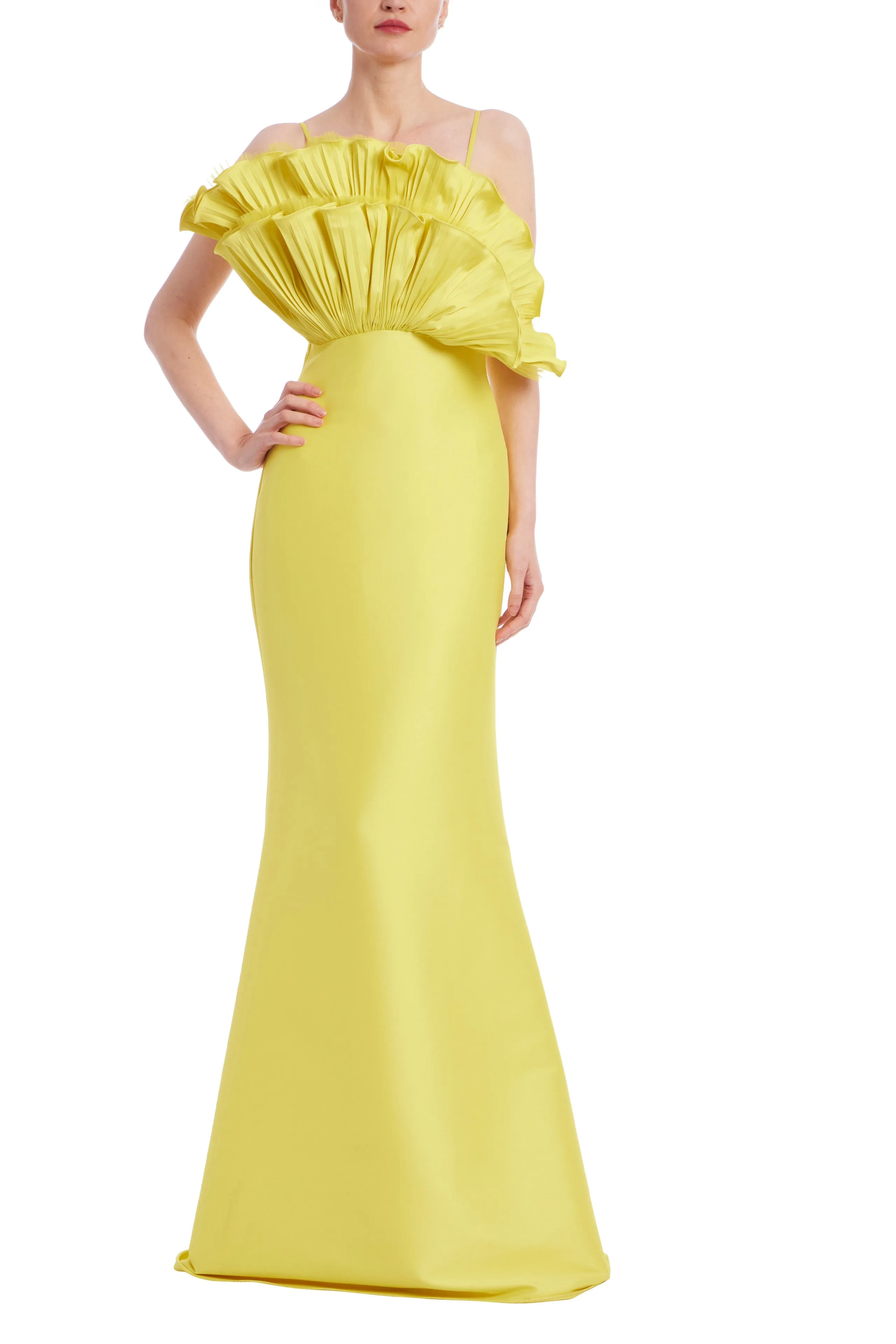 Badgley Mischka Pleated Ruffle Fan Flared Mikado Gown EG4416