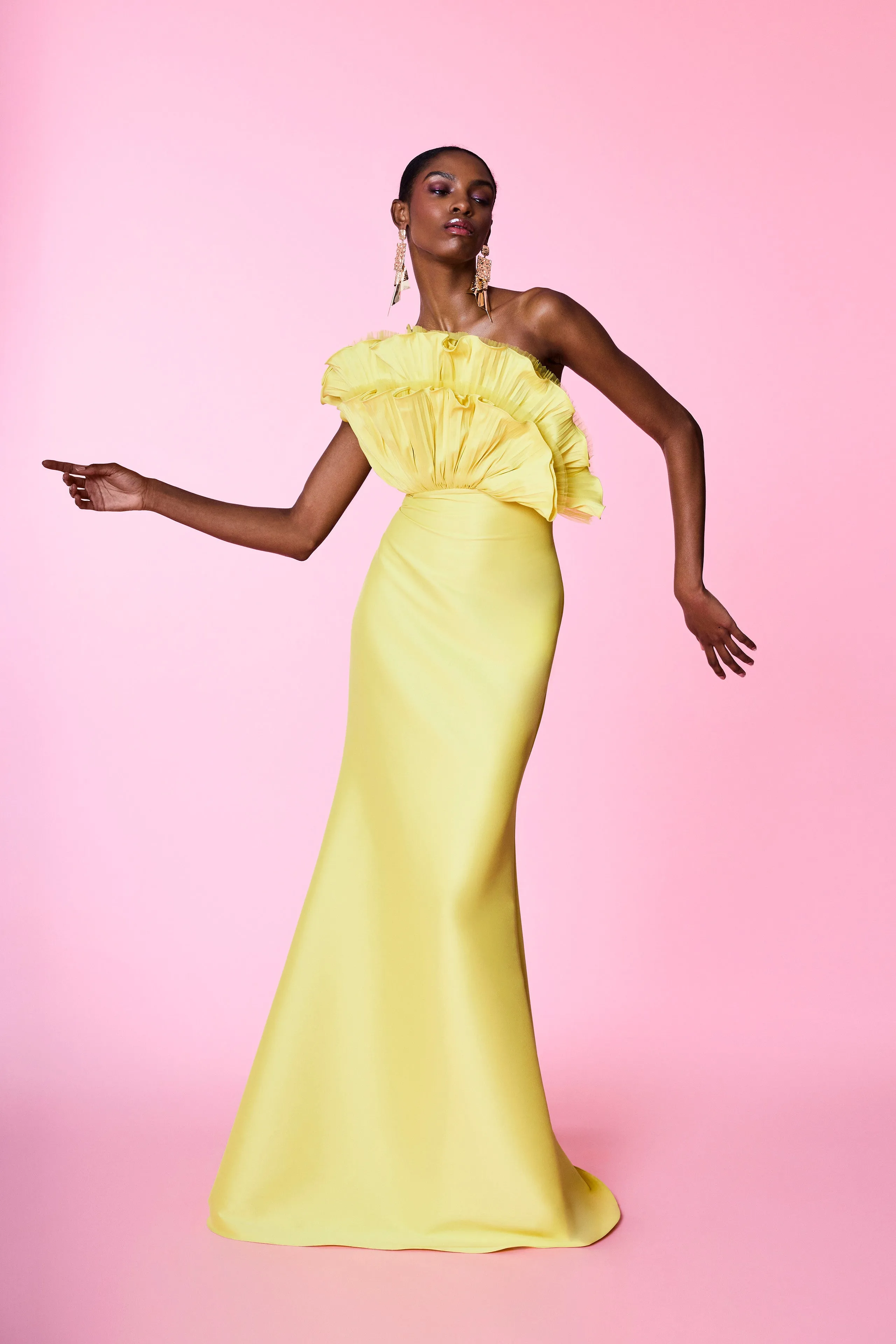 Badgley Mischka Pleated Ruffle Fan Flared Mikado Gown EG4416