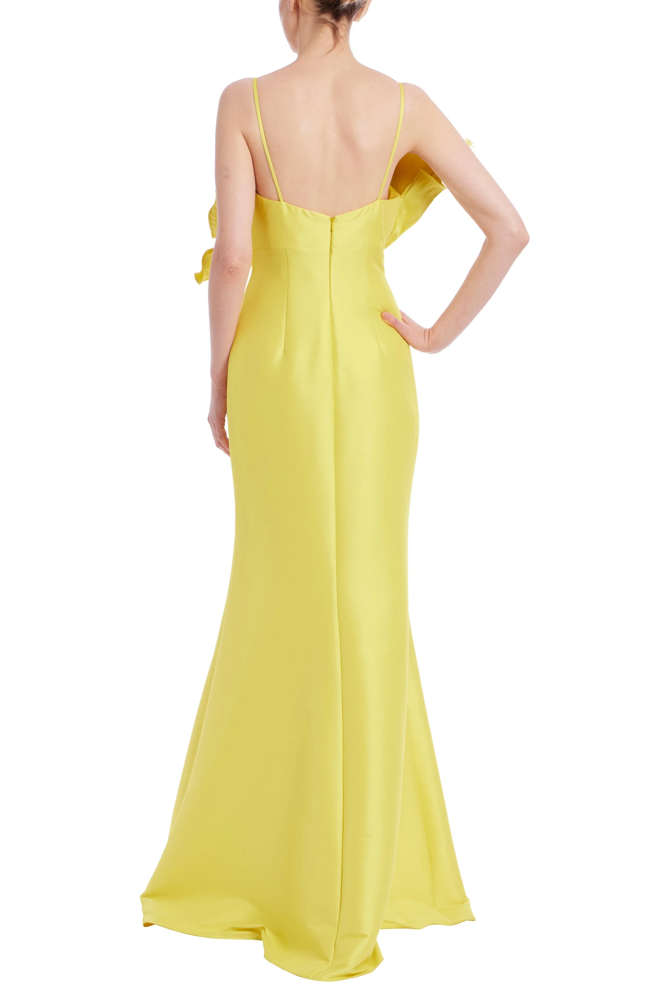 Badgley Mischka Pleated Ruffle Fan Flared Mikado Gown EG4416