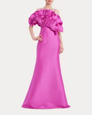 Badgley Mischka Pleated Ruffle Fan Flared Mikado Gown EG4416