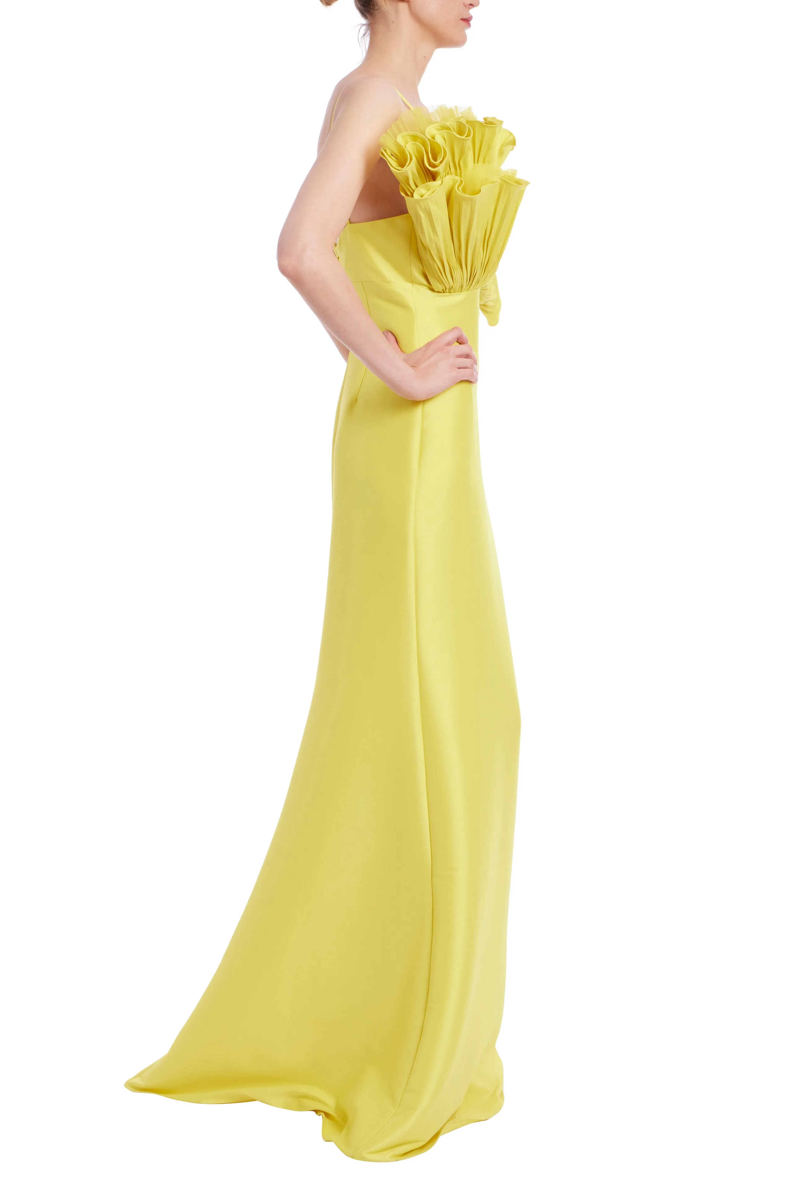 Badgley Mischka Pleated Ruffle Fan Flared Mikado Gown EG4416