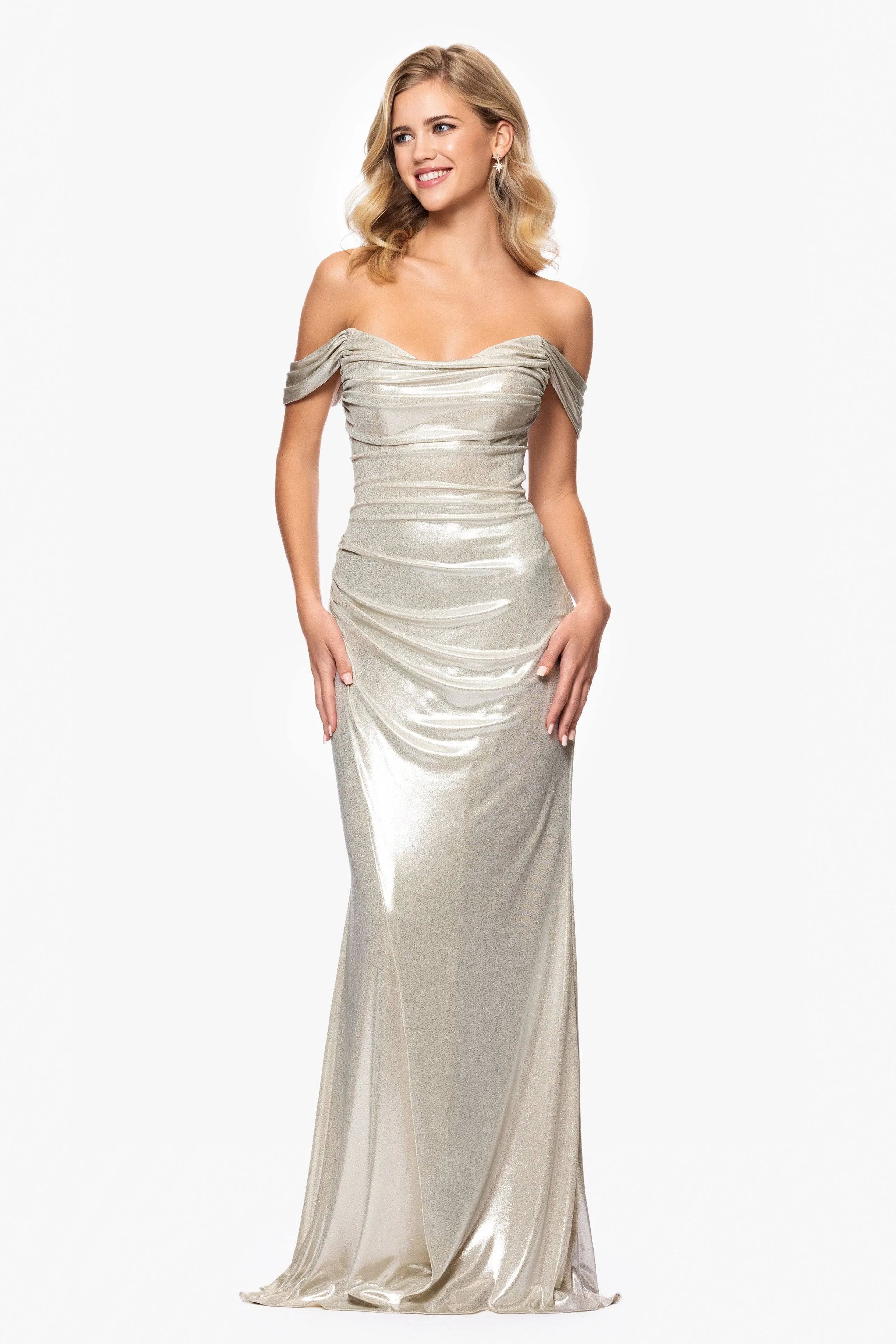 Betsy and Adam Glitter Knit Off the Shoulder "Tori" Gown A26921