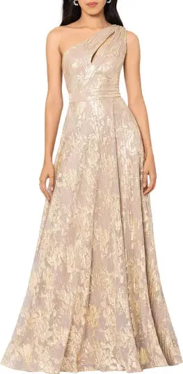 Betsy and Adam Metallic One Shoulder Dress A25588