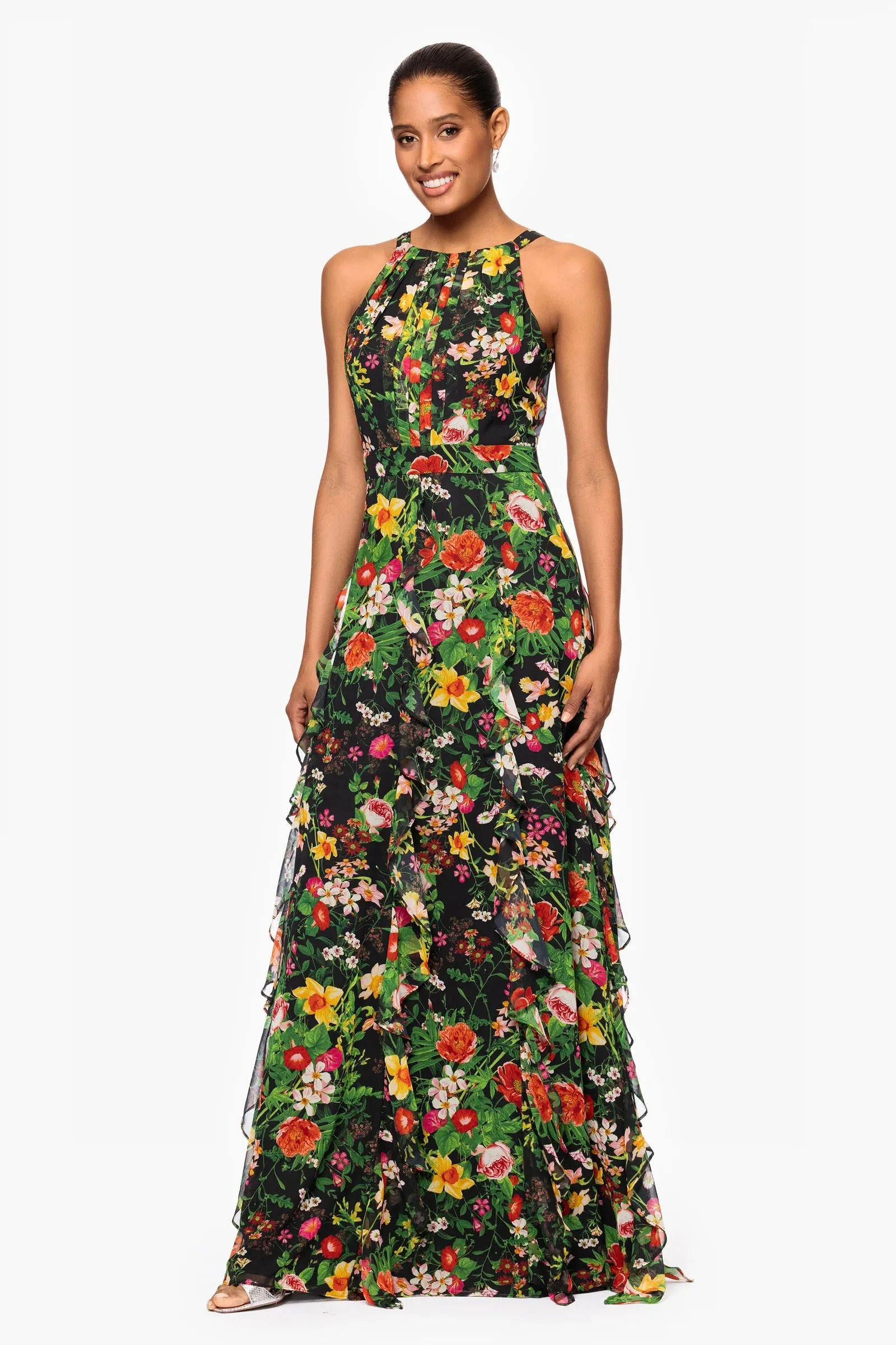 Betsy and Adam "Camille" Floral Print Chiffon Ruffle Dress A27102