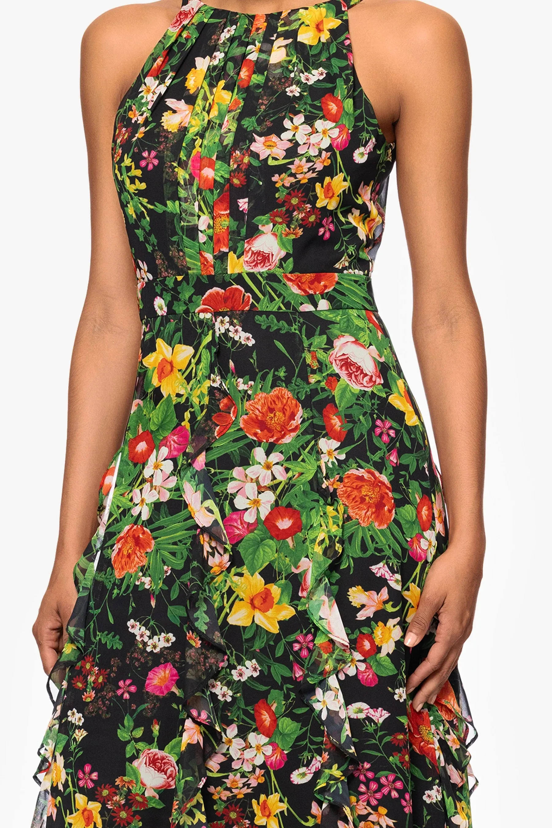 Betsy and Adam "Camille" Floral Print Chiffon Ruffle Dress A27102