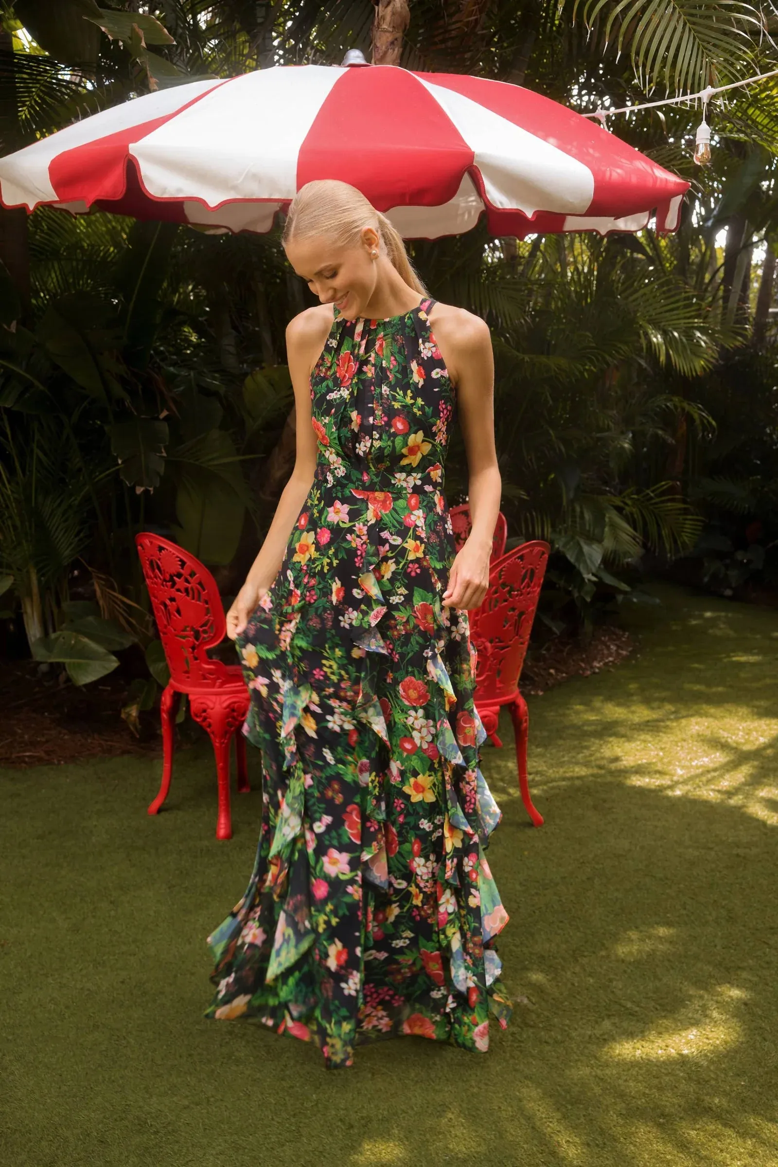 Betsy and Adam "Camille" Floral Print Chiffon Ruffle Dress A27102
