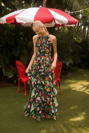 Betsy and Adam "Camille" Floral Print Chiffon Ruffle Dress A27102