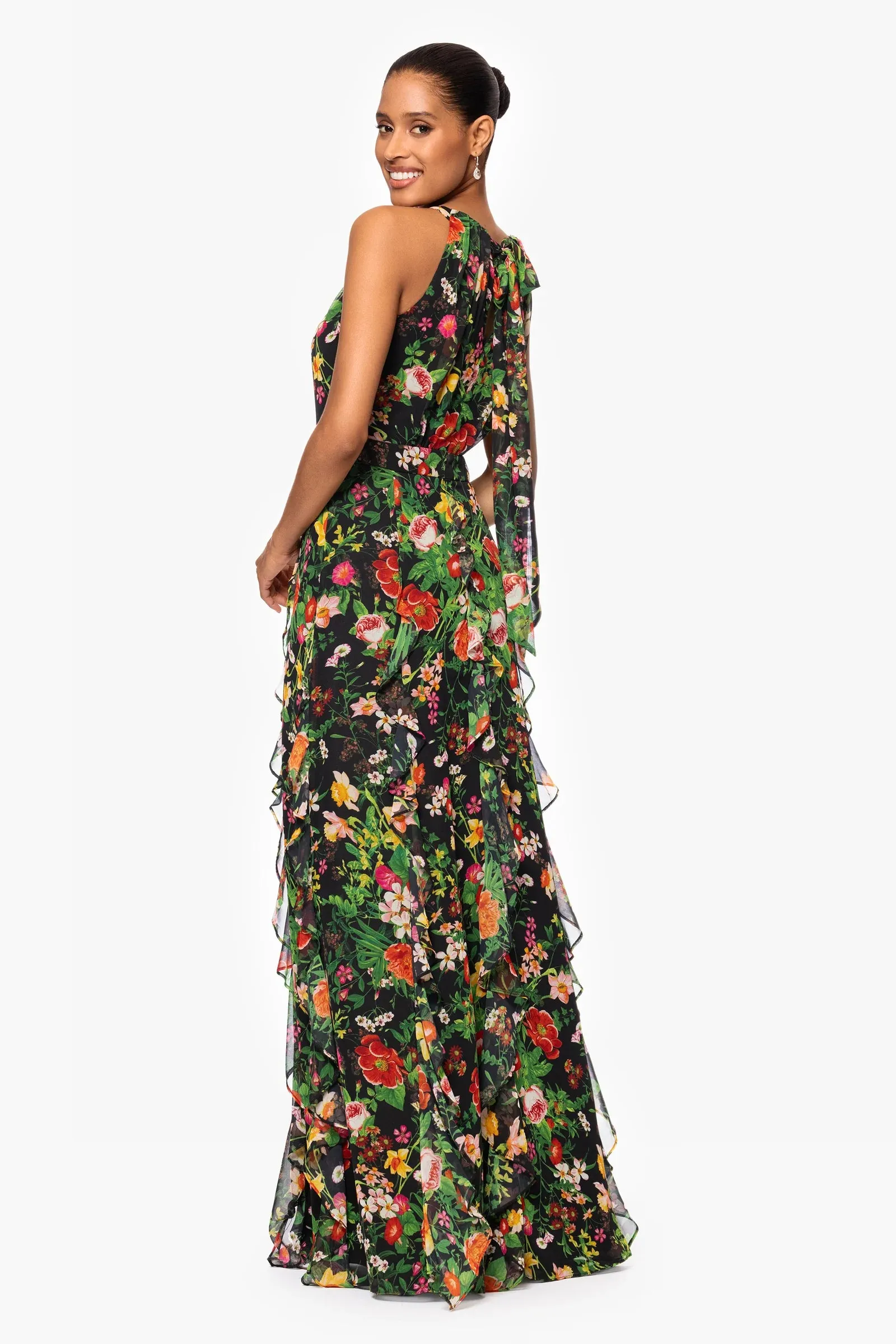 Betsy and Adam "Camille" Floral Print Chiffon Ruffle Dress A27102
