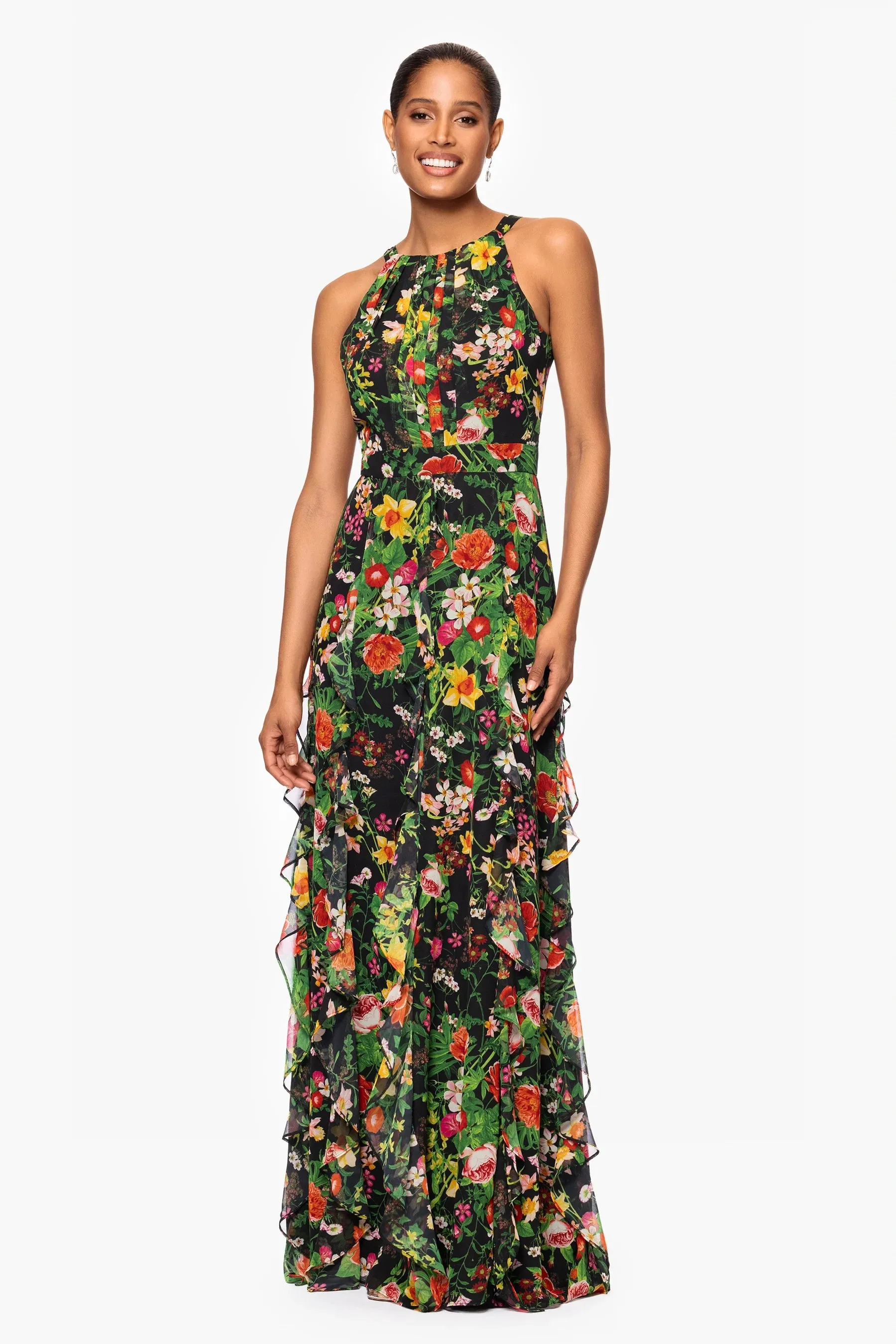 Betsy and Adam "Camille" Floral Print Chiffon Ruffle Dress A27102