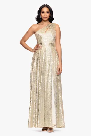 Betsy and Adam "Mariah" Metallic Foil Knit One Shoulder Dress A27193