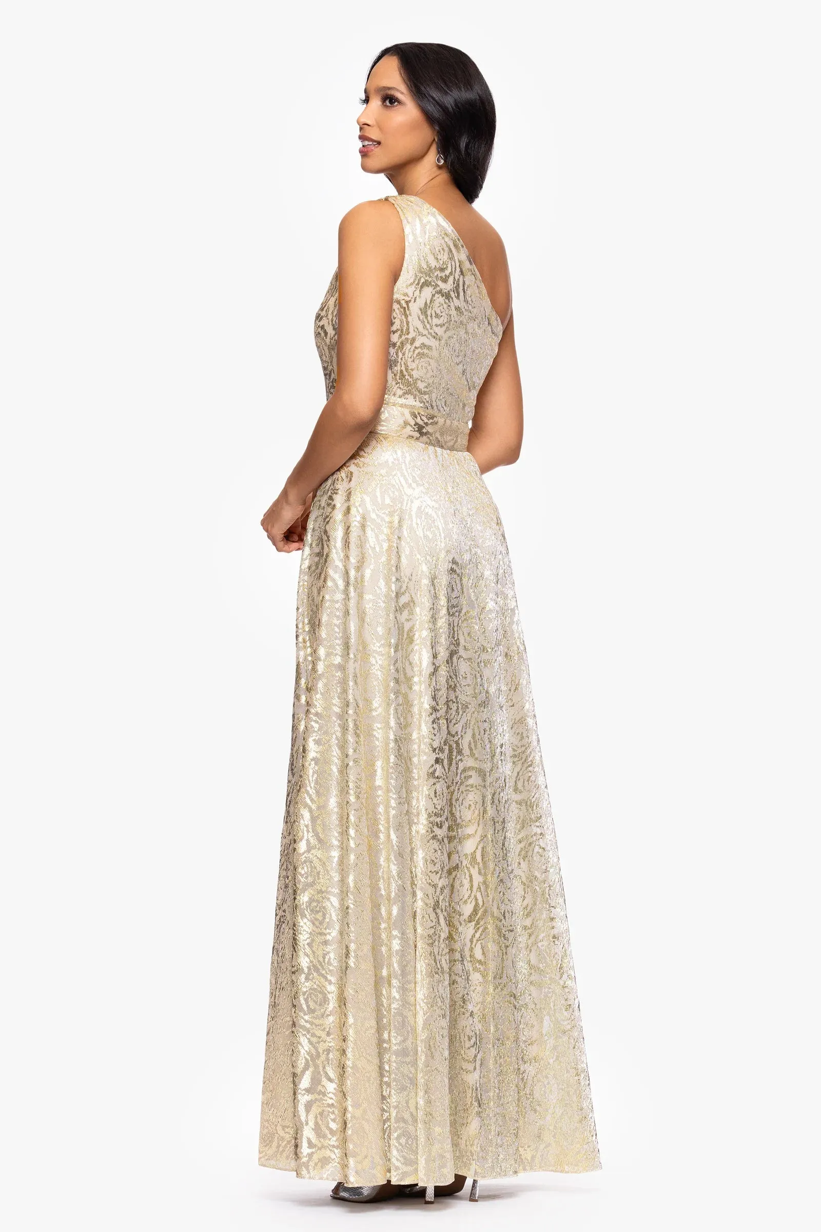 Betsy and Adam "Mariah" Metallic Foil Knit One Shoulder Dress A27193