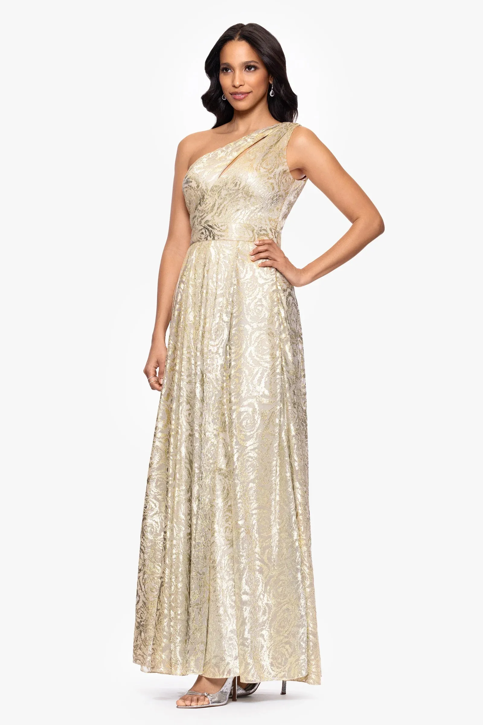 Betsy and Adam "Mariah" Metallic Foil Knit One Shoulder Dress A27193