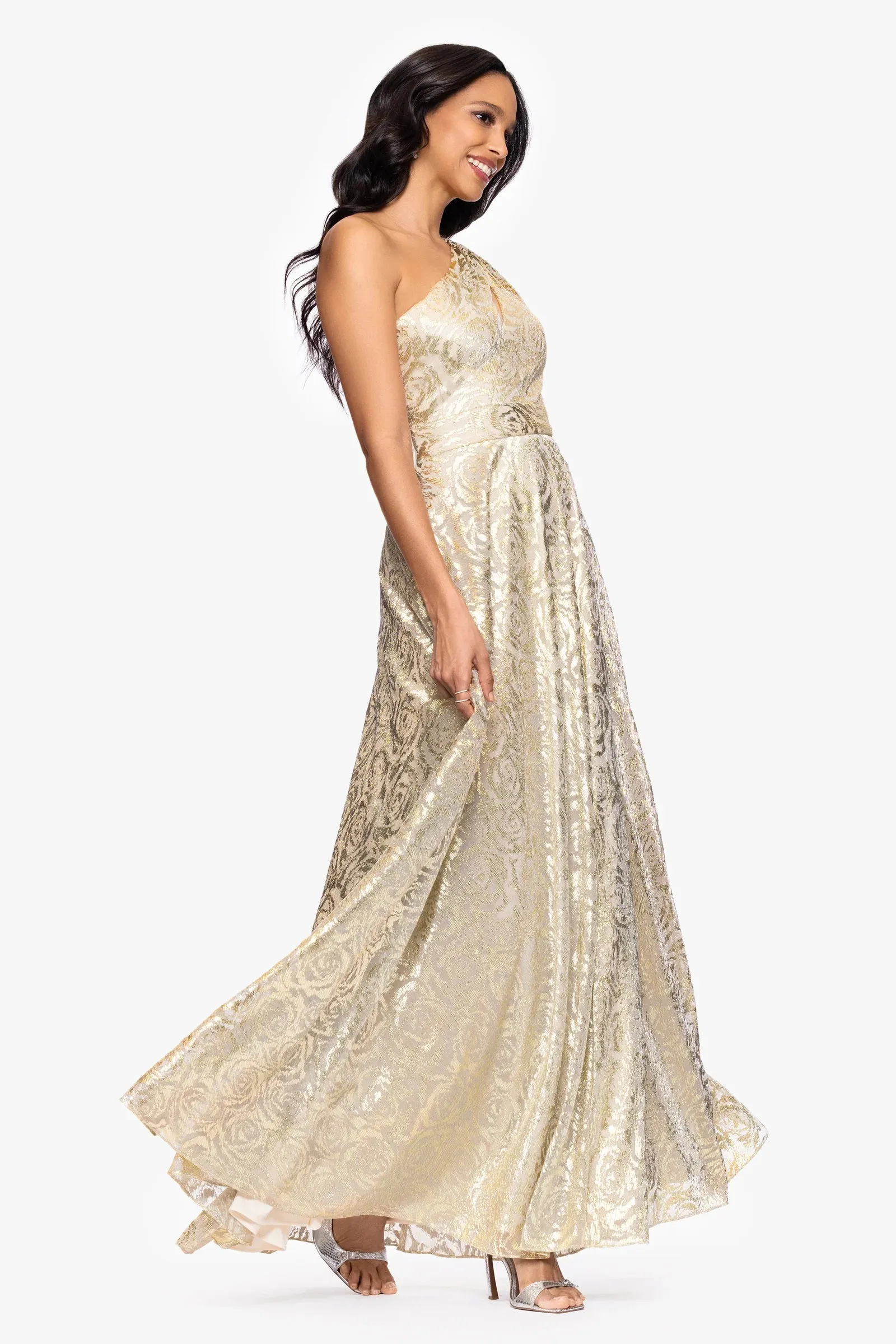 Betsy and Adam "Mariah" Metallic Foil Knit One Shoulder Dress A27193