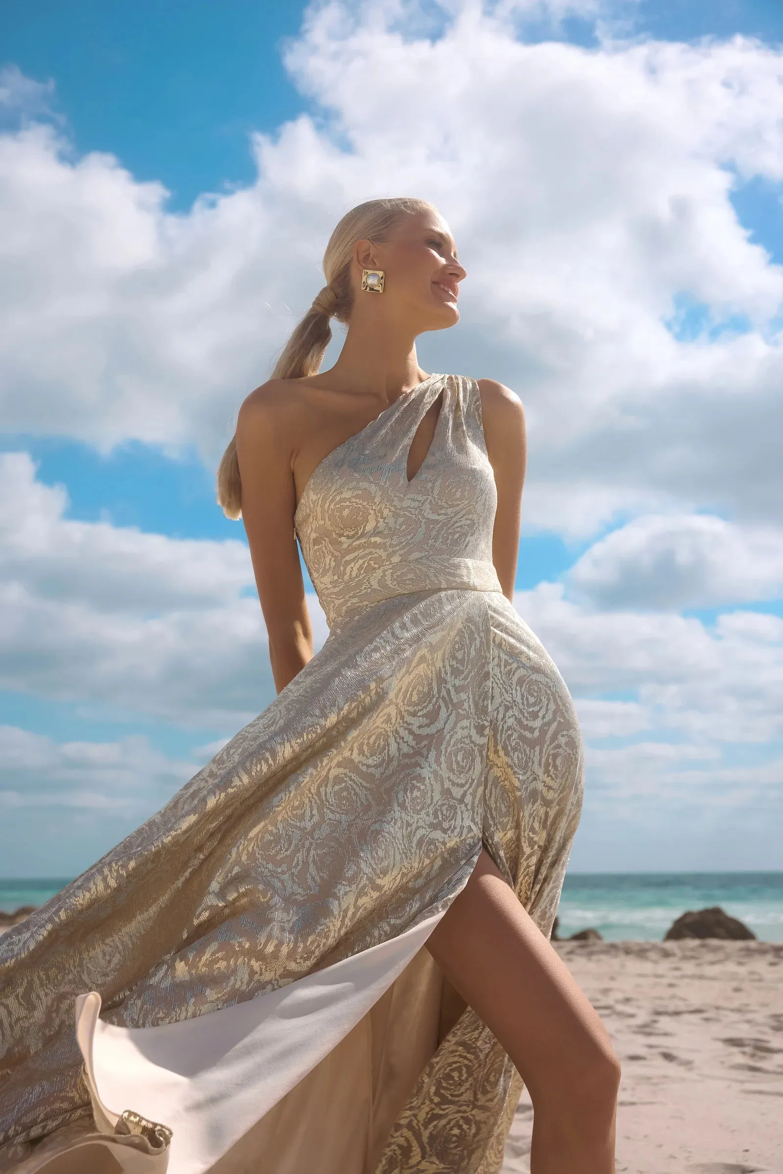 Betsy and Adam "Mariah" Metallic Foil Knit One Shoulder Dress A27193