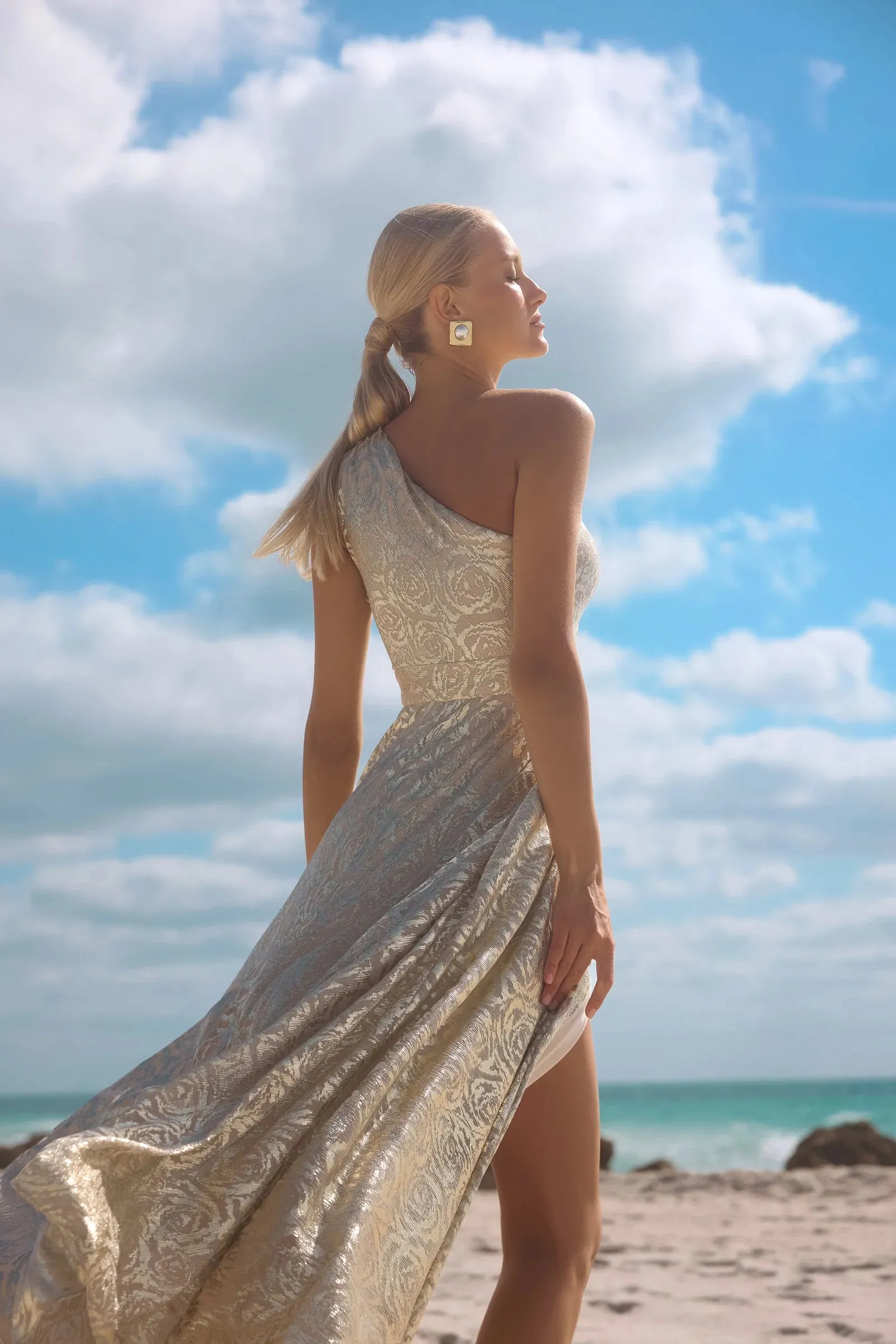 Betsy and Adam "Mariah" Metallic Foil Knit One Shoulder Dress A27193