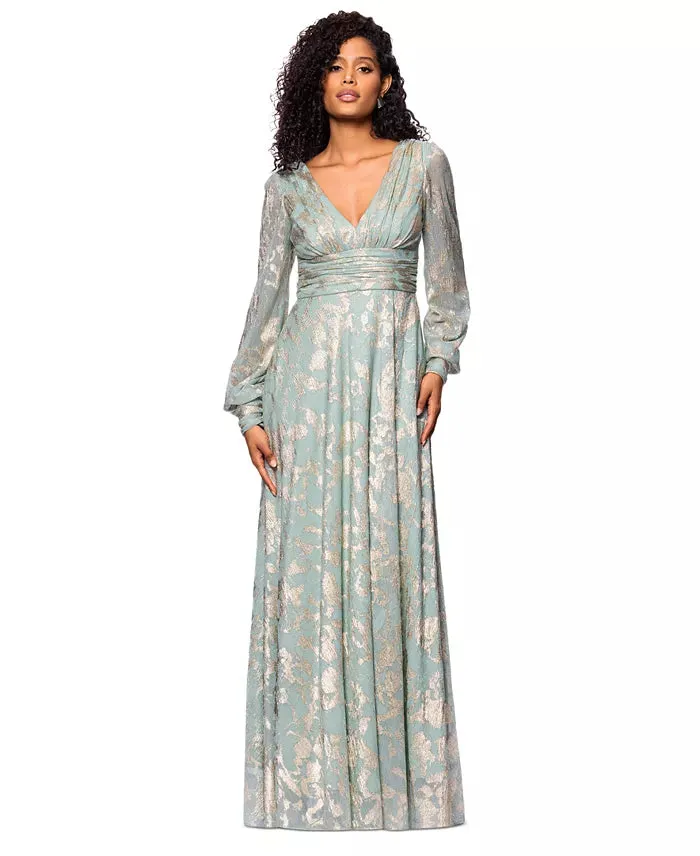 Betsy and Adam "Melanie" Foil Knit V-Neck Long Sleeve Dress A27153