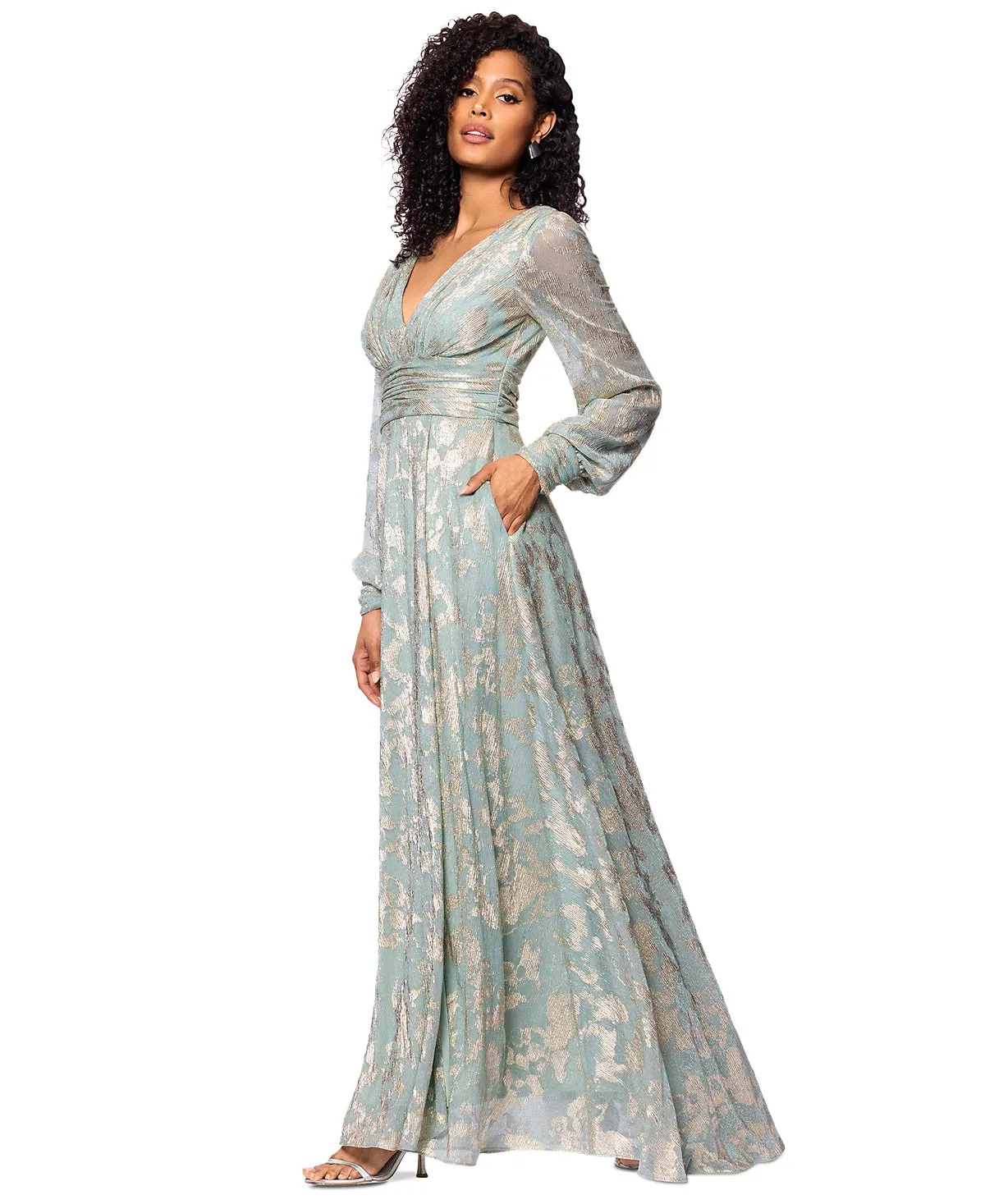 Betsy and Adam "Melanie" Foil Knit V-Neck Long Sleeve Dress A27153