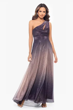 Betsy and Adam "Nicoletta" Ombre Crinkle Metallic One Shoulder Dress A26611