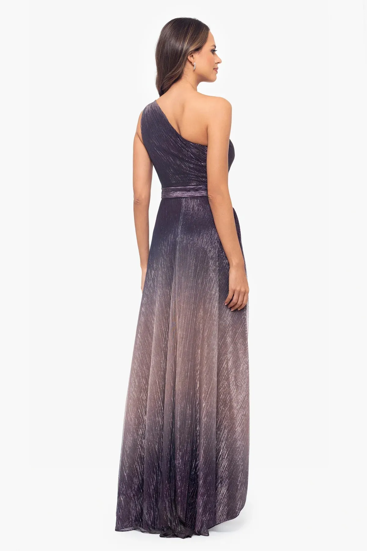 Betsy and Adam "Nicoletta" Ombre Crinkle Metallic One Shoulder Dress A26611