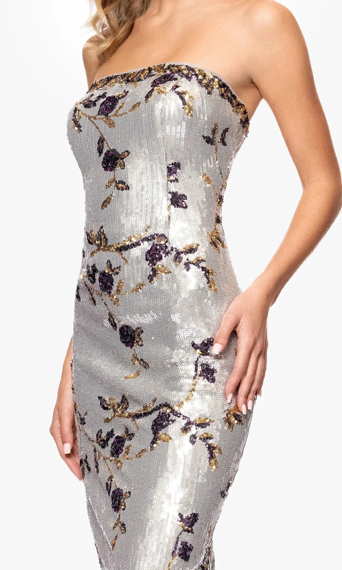 Betsy and Adam Strapless Fitted Sequin Floral Dress A26994
