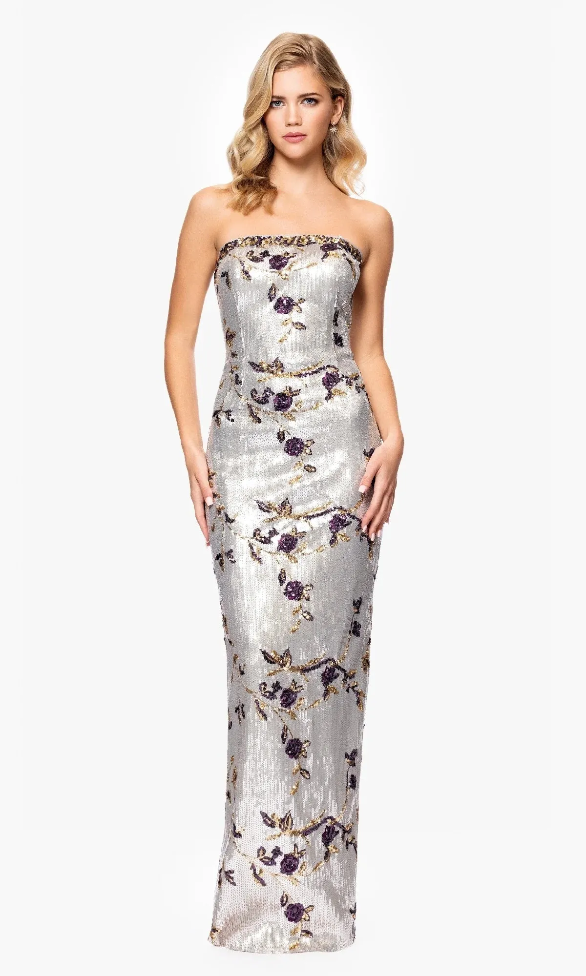Betsy and Adam Strapless Fitted Sequin Floral Dress A26994