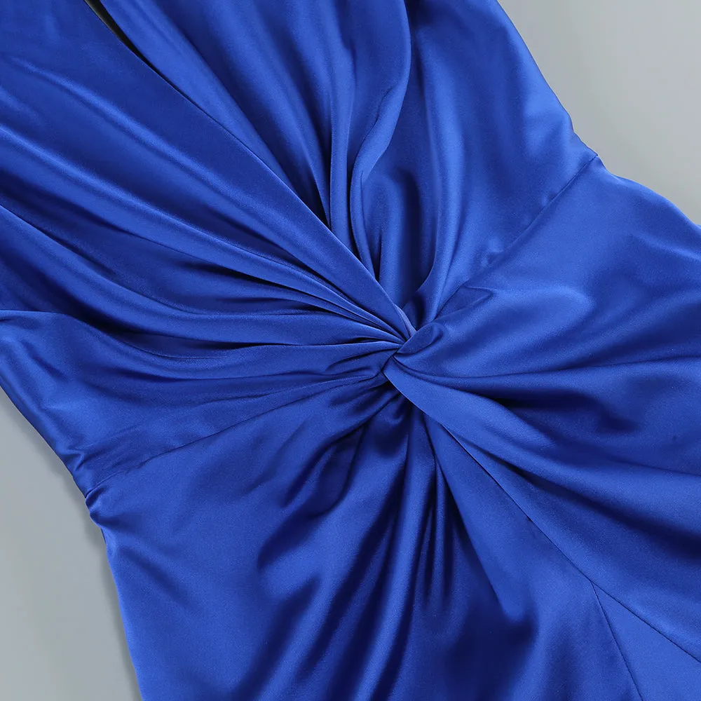 BEVERLY BRAID EMBELLISHED RUCHED HALTER GOWN IN BLUE Gloria Lanvin