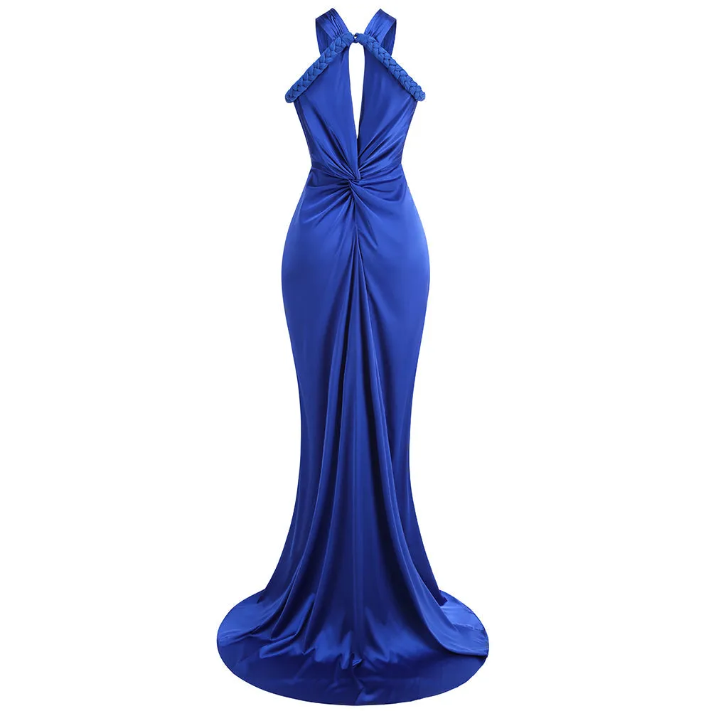 BEVERLY BRAID EMBELLISHED RUCHED HALTER GOWN IN BLUE Gloria Lanvin