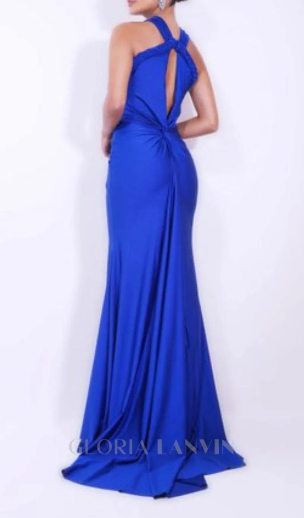 BEVERLY BRAID EMBELLISHED RUCHED HALTER GOWN IN BLUE Gloria Lanvin