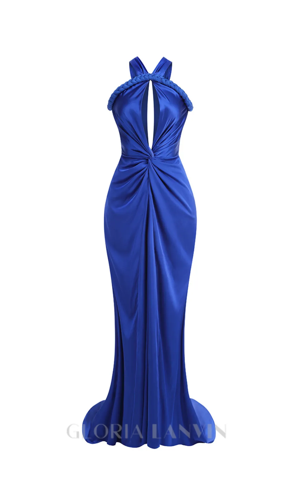 BEVERLY BRAID EMBELLISHED RUCHED HALTER GOWN IN BLUE Gloria Lanvin